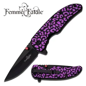 Purple Leopard Print Spring Assist Folding Knife
