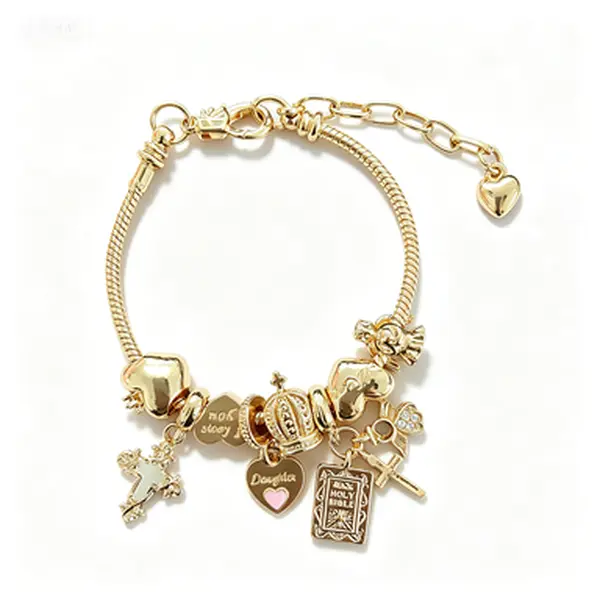 Gold Faith Cross Crown Daughter Charm Bracelet, Adjustable Snake Chain Beaded Bracelet, Engraved Holy Bible Angel Wing Heart Religious Wrist Jewelry, Sentimental Christian Memory Gift for Daughter Teen Girls Women of Faith