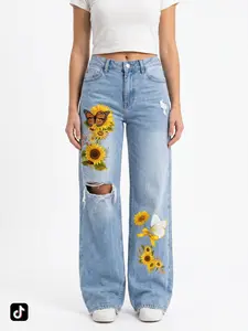 Ladies' Distressed Wide-Leg Denim Jeans |   Casual Commute Style with Sunflower Butterfly Floral Pattern Print, Light Wash, Long Length, Slight Stretch Fabric