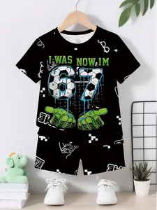 Boys Football Set, Casual Fitted Top and Track Shorts, All over Print, Short Sleeve, Outdoor T-Shirt and Pants Combo, Football Kits