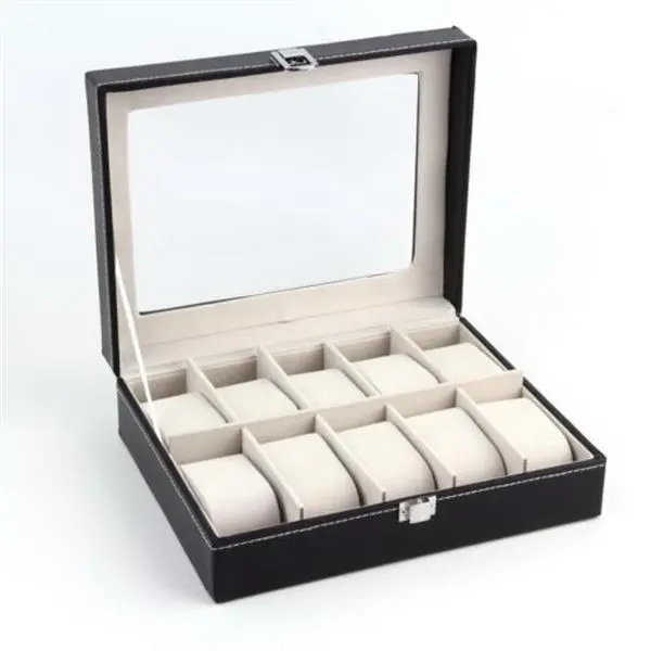 High-Grade Leather Watch Storage Box, 10-Compartment Wristwatch Organizer for Watch Collection, Black Home Supplies Bin, Watch Storage Boxes, Wristwatch Storage