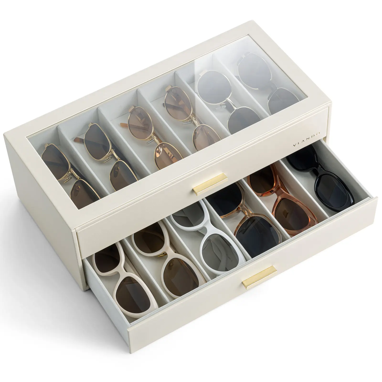 VLANDO 12-Grid Sunglasses Organizer Case, 12-Slot Eyeglass Storage Box with Clear Lid and 2 Drawers, PU Leather Glasses Holder for Women and Men, bedroom  organizer summerwins,dorm essentials,home decor