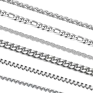 6 Pcs Silver Chains, Stainless Steel Cuban Link/Rope/Box/Figaro/Square Rolo/Wheat Chain Necklace Jewelry Set for Men Women