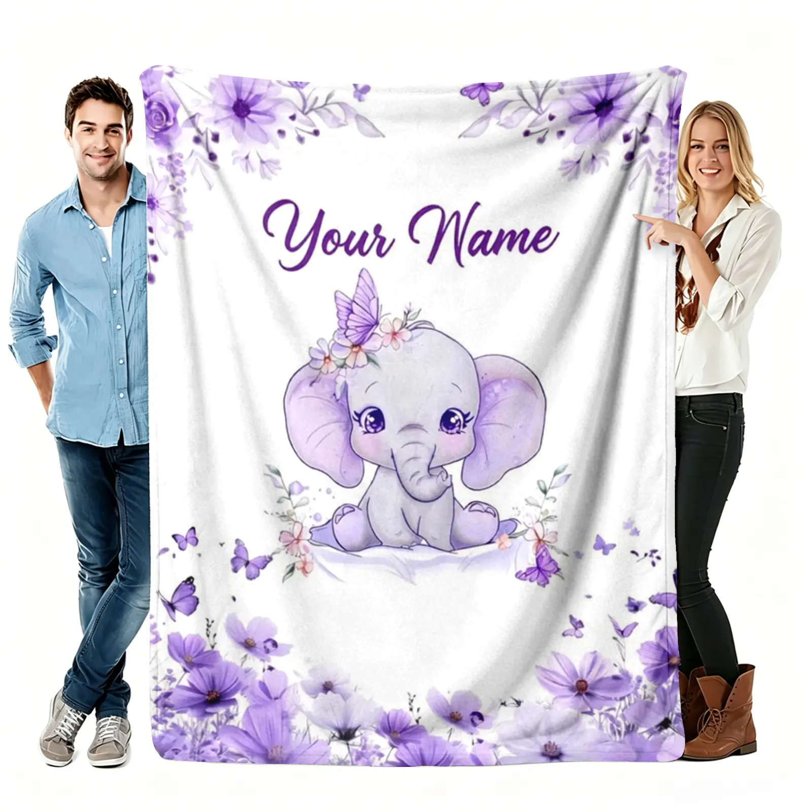 Personalized Elephant Throw Blanket, Purple Floral Custom Name Flannel Blanket, Soft Cozy Warm Throw, Watercolor Baby Shower Design, Gift for Newborn Girl Daughter, Nursery Kids Room Crib Stroller Decor (Remarks/Message), Custom Blankets, Flower Blankets