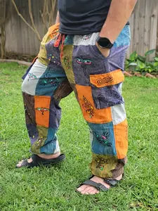 Namaste Fashionable Unisex Stonewashed Multicolor Handmade Hippie Patchwork Durable Non Acidic  Man Menswear Cultural Elastic Big Matching Medium Orange Pants PocketCotton Trouser with Elastic Waist & Pockets