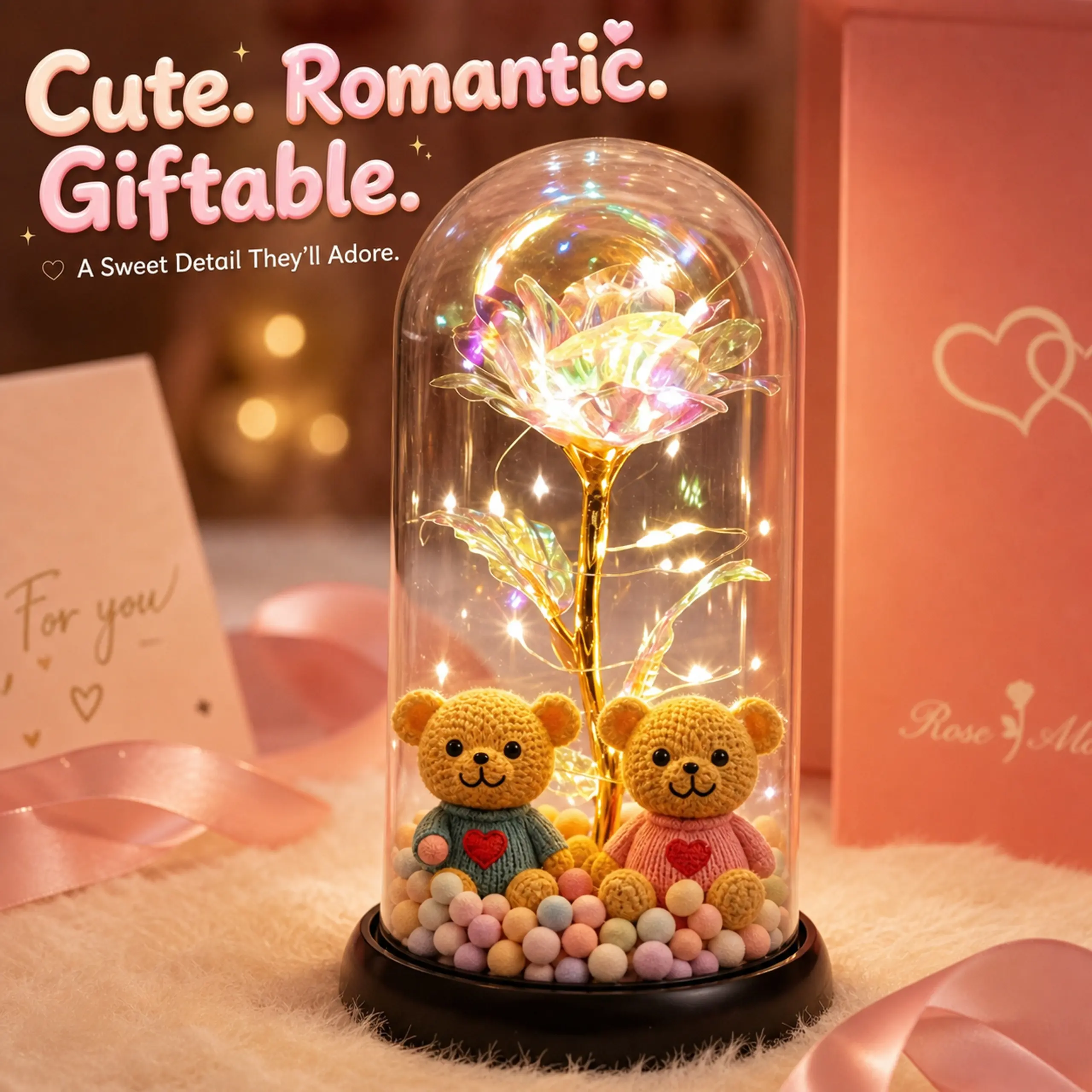 Glowing Glass Dome Gift Box with 2 Knitted Teddy Bears Gold Everlasting Artificial Roses Night Light Decoration Romantic Valentine's Day Birthday Gift for Women