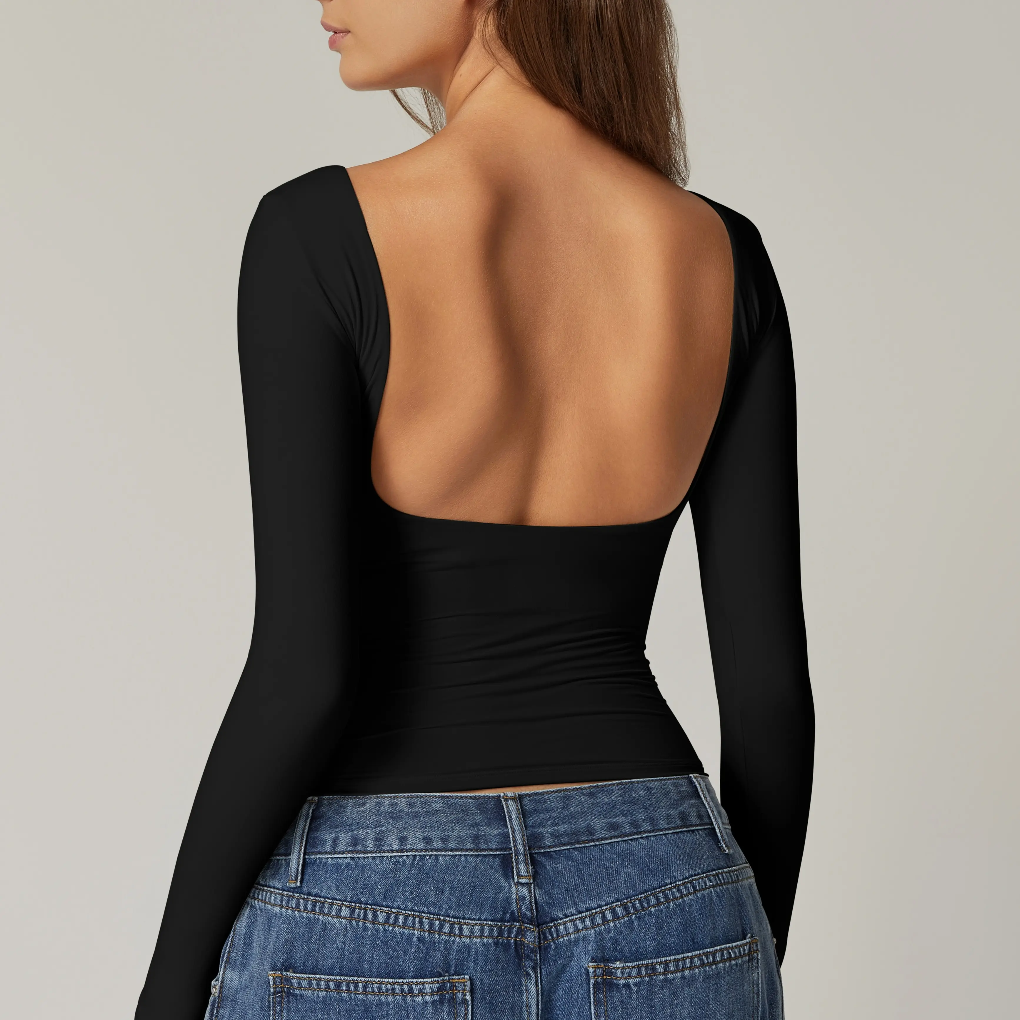 QINSEN Women's Sexy Open Back Long Sleeve Shirts High Neck Double Lined Tees Fitted Going Out Tops QINSEN Women's Sexy Open Back Long Sleeve Shirts High Neck Double Lined Tees Fitted Going Out Tops