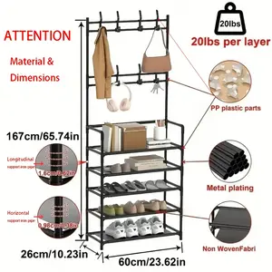 Multifunctional entryway shoe rack with hat storage and coat rack, 2-in-1 shoe rack and coat rack, 5-tier freestanding storage rack, suitable for entryway, living room, and bedroom