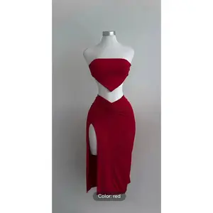 sexy slit strapless solid color half skirt fashion set