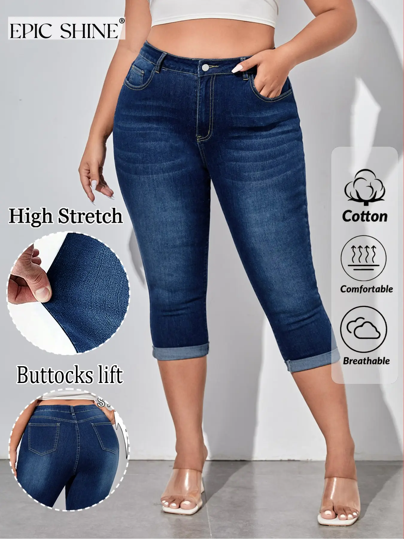Women's Plus Size Capri Jeans Bottom, High Waist Stretch Denim, Casual Solid Pattern, Spring & Fall, Comfortable Fit Zipper Fly, A-Type Silhouette, Pants