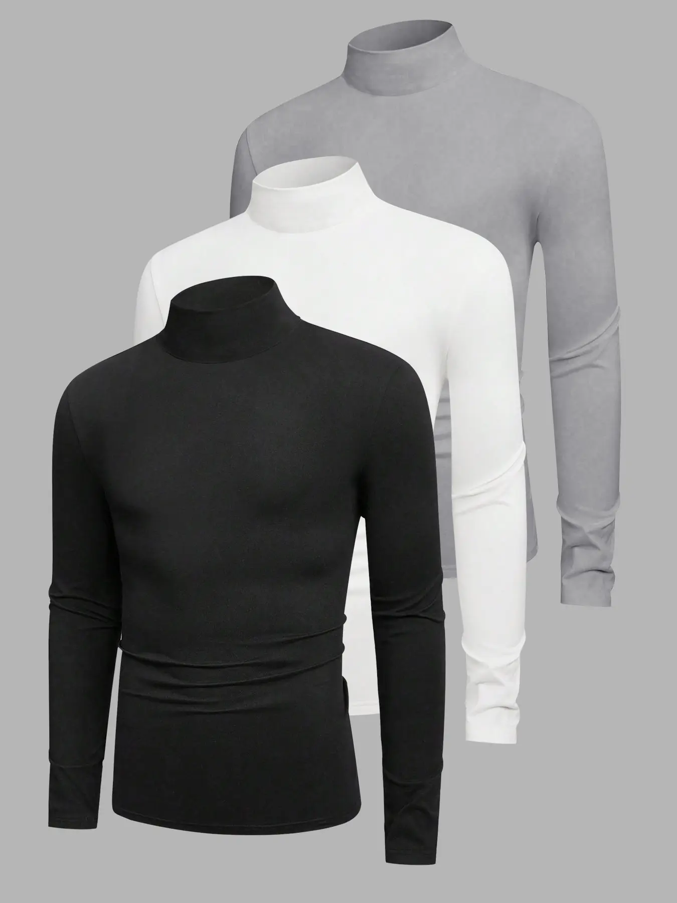 3 Piece Pack Men's High Neck Long Sleeve Plain T-Shirt Top, Casual Streetwear Slim Fit Pullover, Quick Dry Sun Protection, Spring & Fall Wear, Menswear Clothes