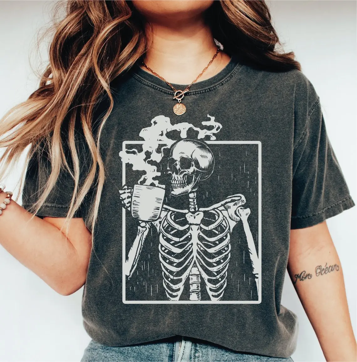 Comfort Color Funny Skeleton Drinking Coffee Shirt, Spooky Season Halloween Shirt for Coffee Lovers, Vintage Skeleton Graphic Tee