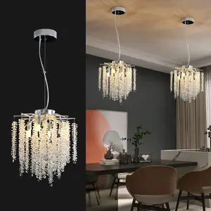 Modern Round K9 Crystal Chandelier, Small Tree Branch Design Dimmable Linear Silver 12-Inch G9 Crystal Chandelier for Kitchen Island/Corridor/Bedroom