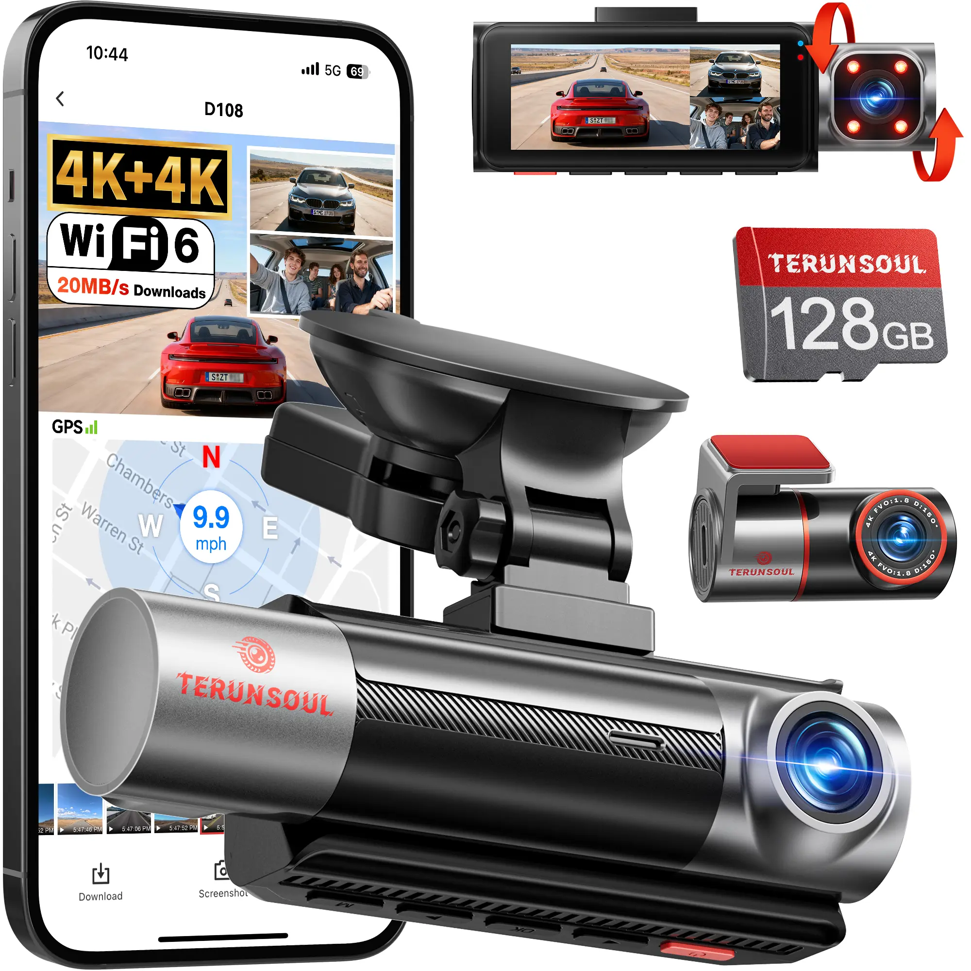 TERUNSOUL 4K Dual Dash Cam with Front-Rear Camera Options, Triple Camera Variant, GPS, 5GHz WiFi App Control, 128GB Card Included, Night Vision, 24H Parking Mode dashcam