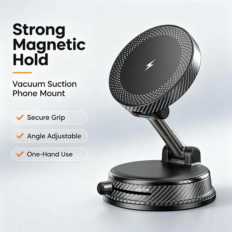 Car Cellphone Mount - 360-Degree Magnetic Suction Dashboard Holder, Strong Suction Base, Compact Adjustable Arm, Universal Compatible Driving Mount for Cars, SUVs