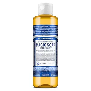 Dr. Bronner's Pure-Castile Magic Soap (Peppermint, 8 Ounce)- Made with Organic Oils, 18-in1 Uses: Face, Hair, Hand & Body Soap, Laundry, Pets- Concentrated, Vegan, Non-GMO