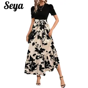Seya Elegant Contrast Floral Midi Dress Women's Summer 2026 Casual Maxi Floral Print Dress Lightweight Short Sleeve Round Neck Casual Free Long Maxi Vacation Dress