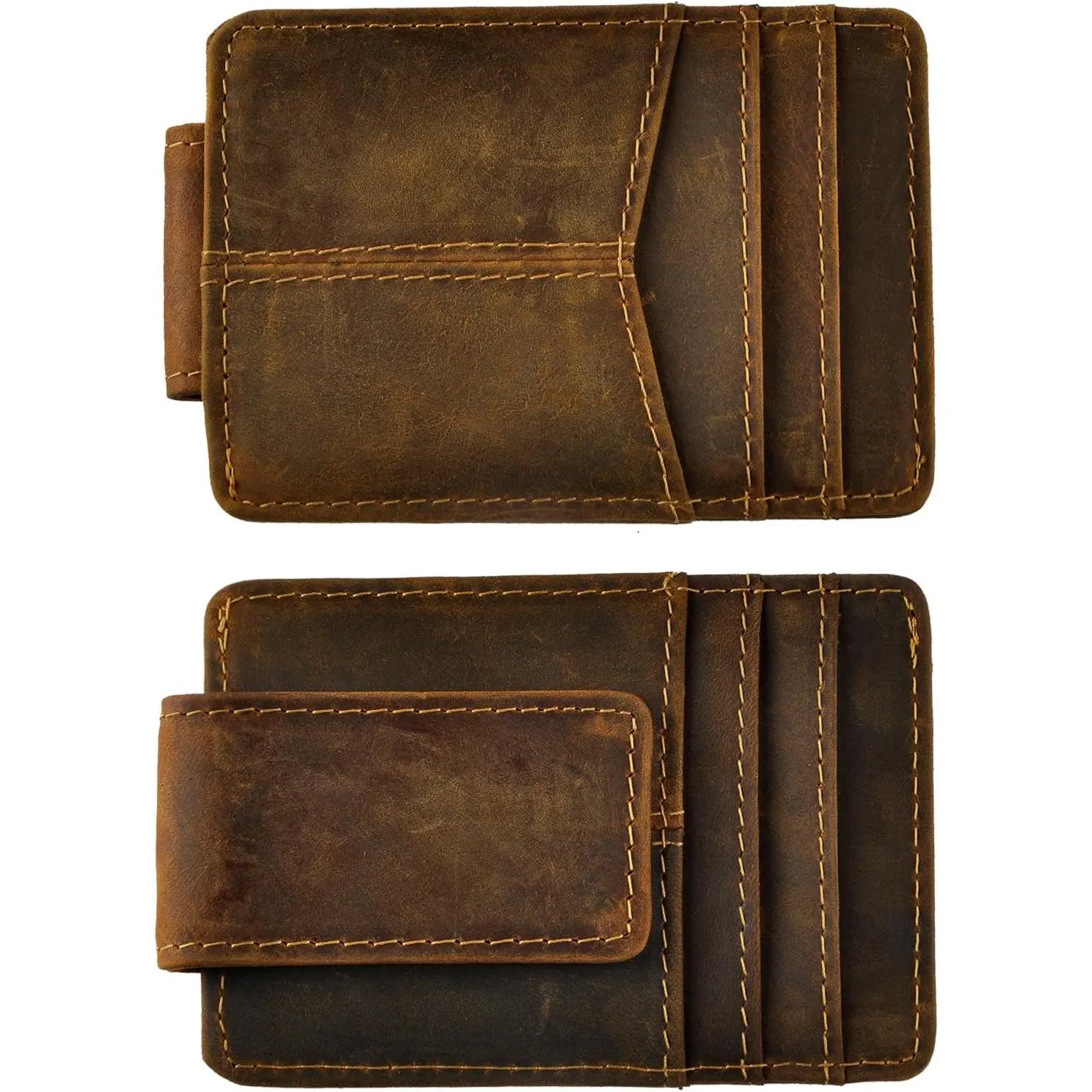 Mens Rfid  Clip Slim Wallet  Cowhide Credit Card Case Handy  (A Dark Brown Rfid)