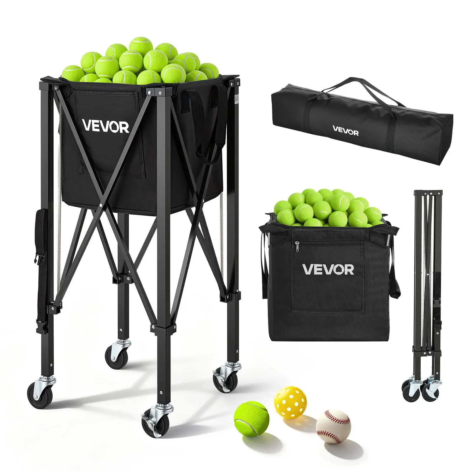 【SummerFinds】VEVOR Tennis Ball Hopper - 150-Ball Capacity, Foldable Pickleball Cart with Wheels & Breathable Mesh, Lightweight Aluminum Alloy, Portable Caddy with Storage Bag, Transport Solution for Coaches, Schools, Clubs Training
