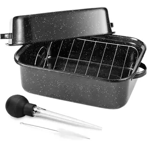 21Inch Roasting Pan,  Rectangle Roasting Pan With Rack, 25lb Capacity, Large Roaster pan for Baking Turkey, V-Rack and Versatile Lid  Turkey Baster by