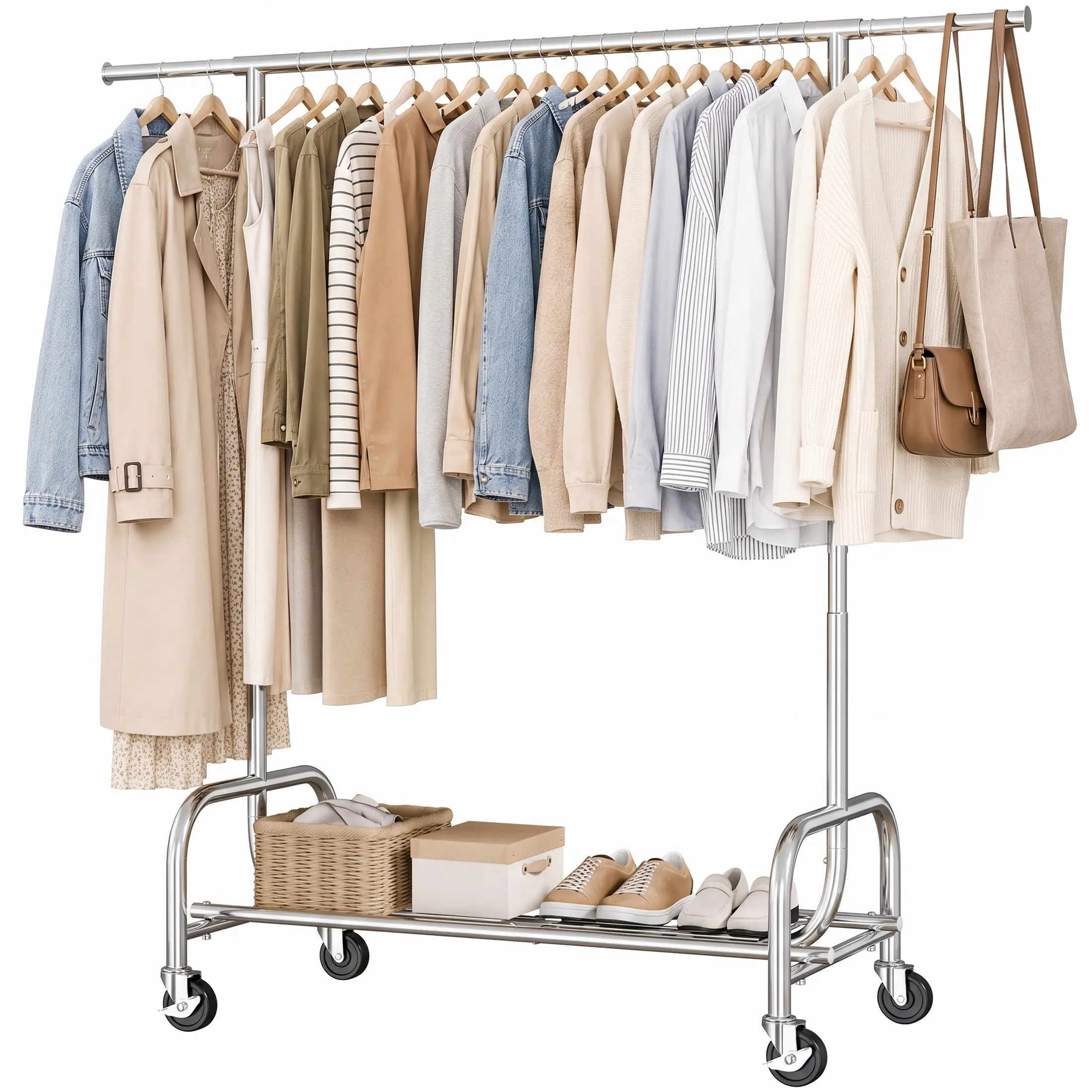 Heavy Duty Metal Rolling Extendable Garment Rack, Commercial Grade Clothing Rack with Adjustable Height & Extendable Top Rod, 450 LBS Capacity Metal Clothes Hanging Rack with Sturdy Bottom Mesh Shelf