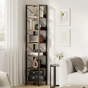 [NEW PRODUXT - FLASH SALE] Garvee Narrow Tall Bookcase 6 Tier Storage Shelf Metal Frame Rustic Design for Bedroom, Living Room, Home Office