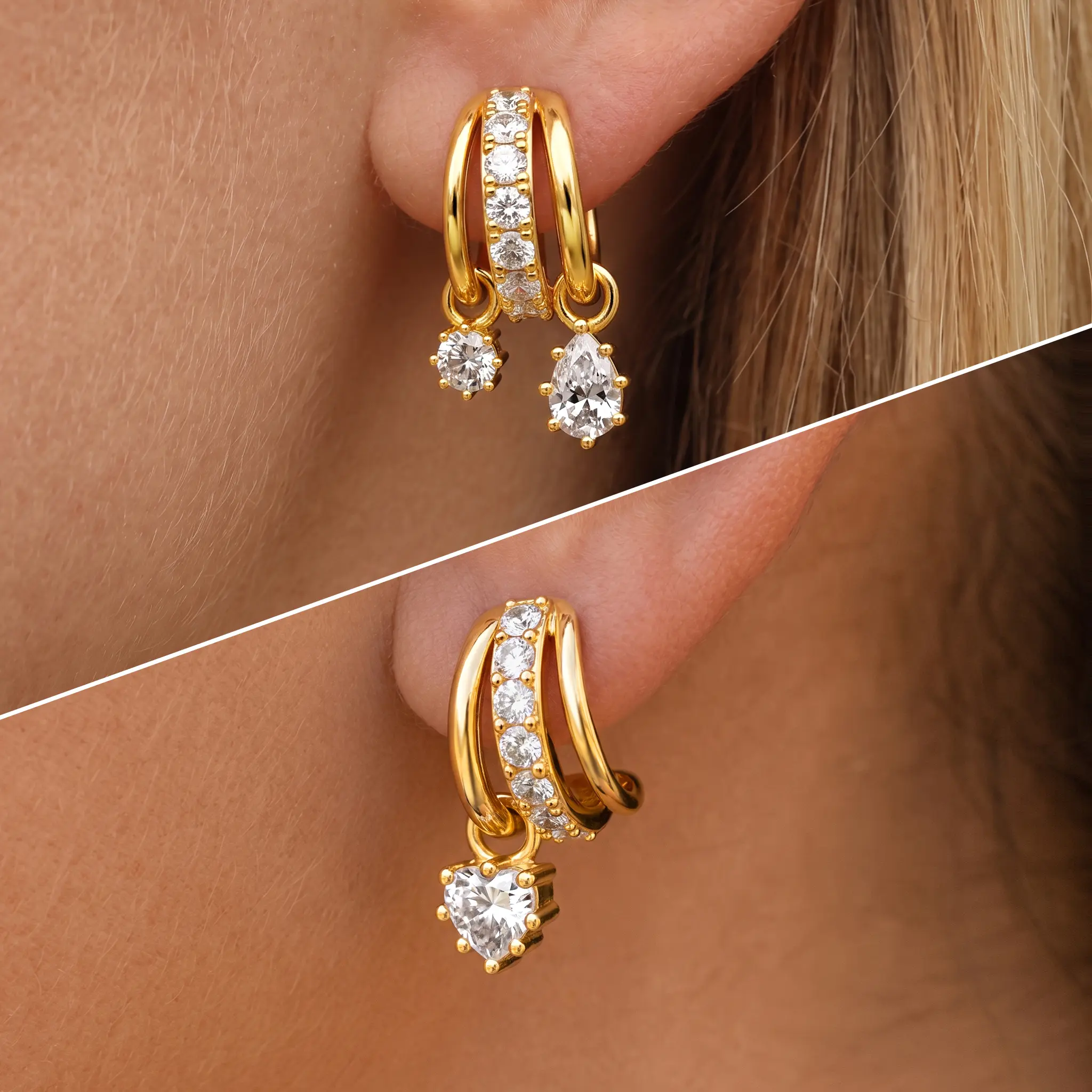 Dearmay Single-pendant & Double-pendant Earrings Gold Earrings for Women 14K Gold Plated Asymmetrical Earrings with Zircon Pendant Jewelry Gifts for Girls