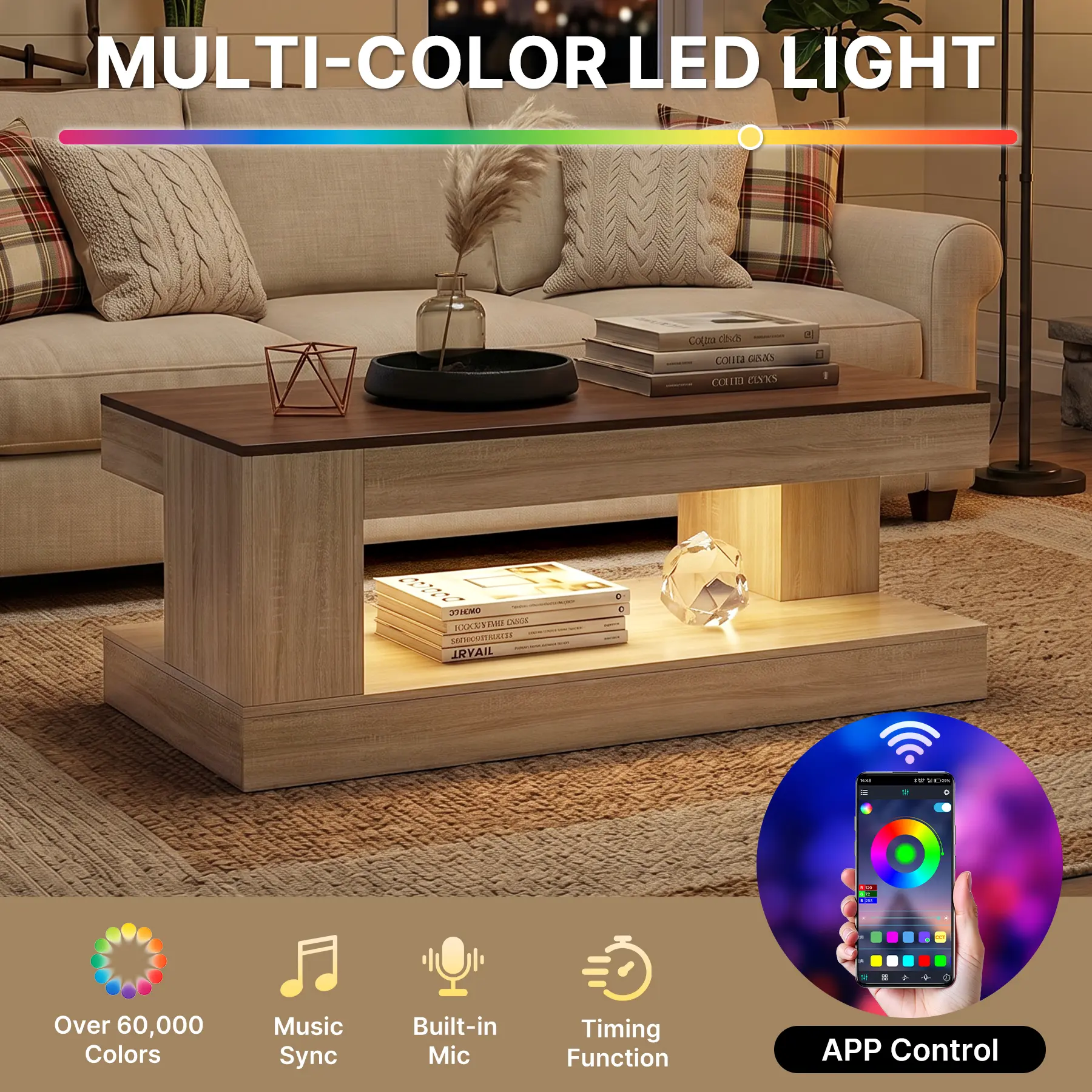 Modern LED Wood Coffee Table with App-Controlled Lighting – Handmade Two-Tone Living Room Furniture with Storage