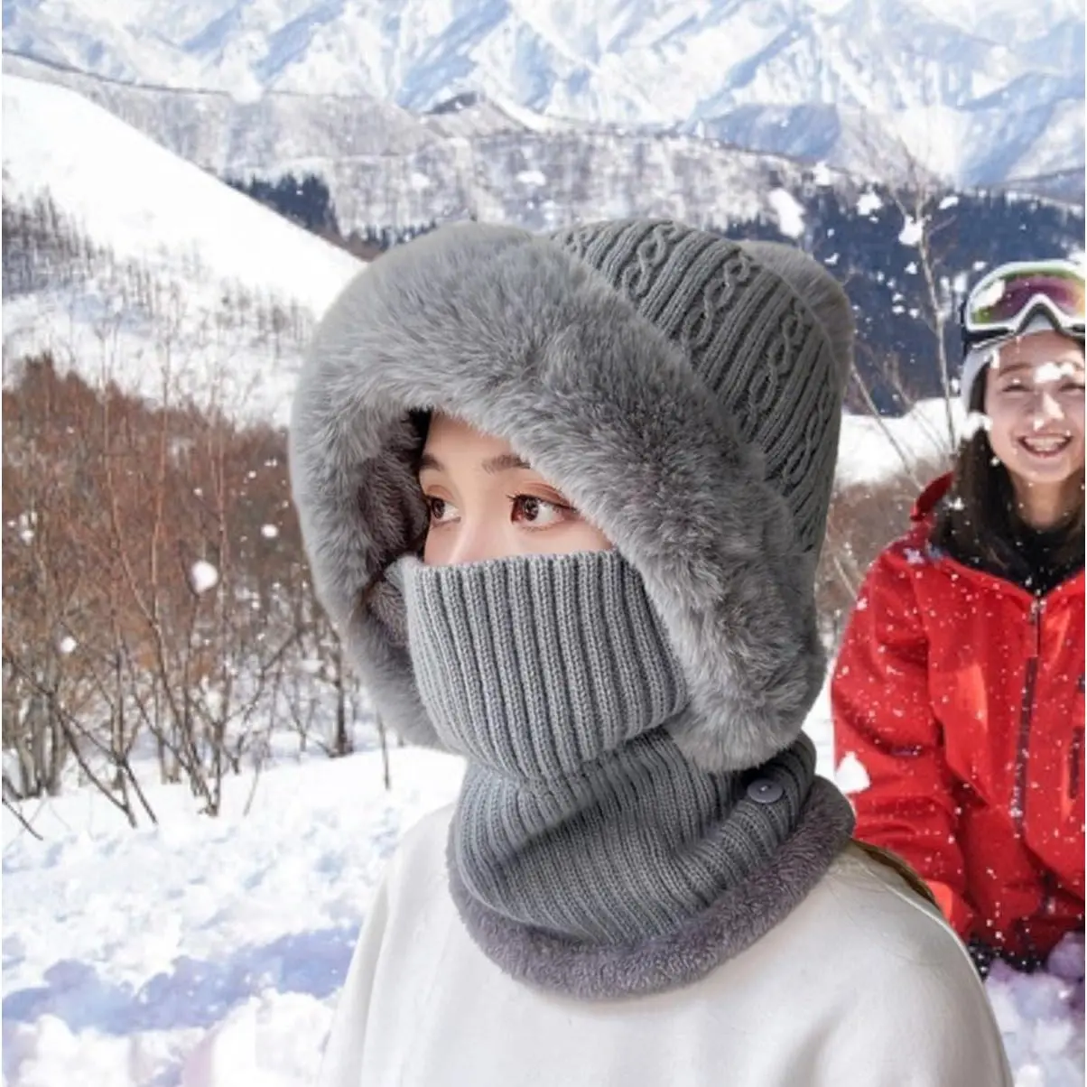 Women's Thick 3-in-1 Fleece Lined 1-Size-Fit Winter Knit Beanie - Visor, Scarf Mask, Pompom, Warm for Outdoor Sports & Daily Use, Anniversary Gift Idea for Adults, One-Size-Fit