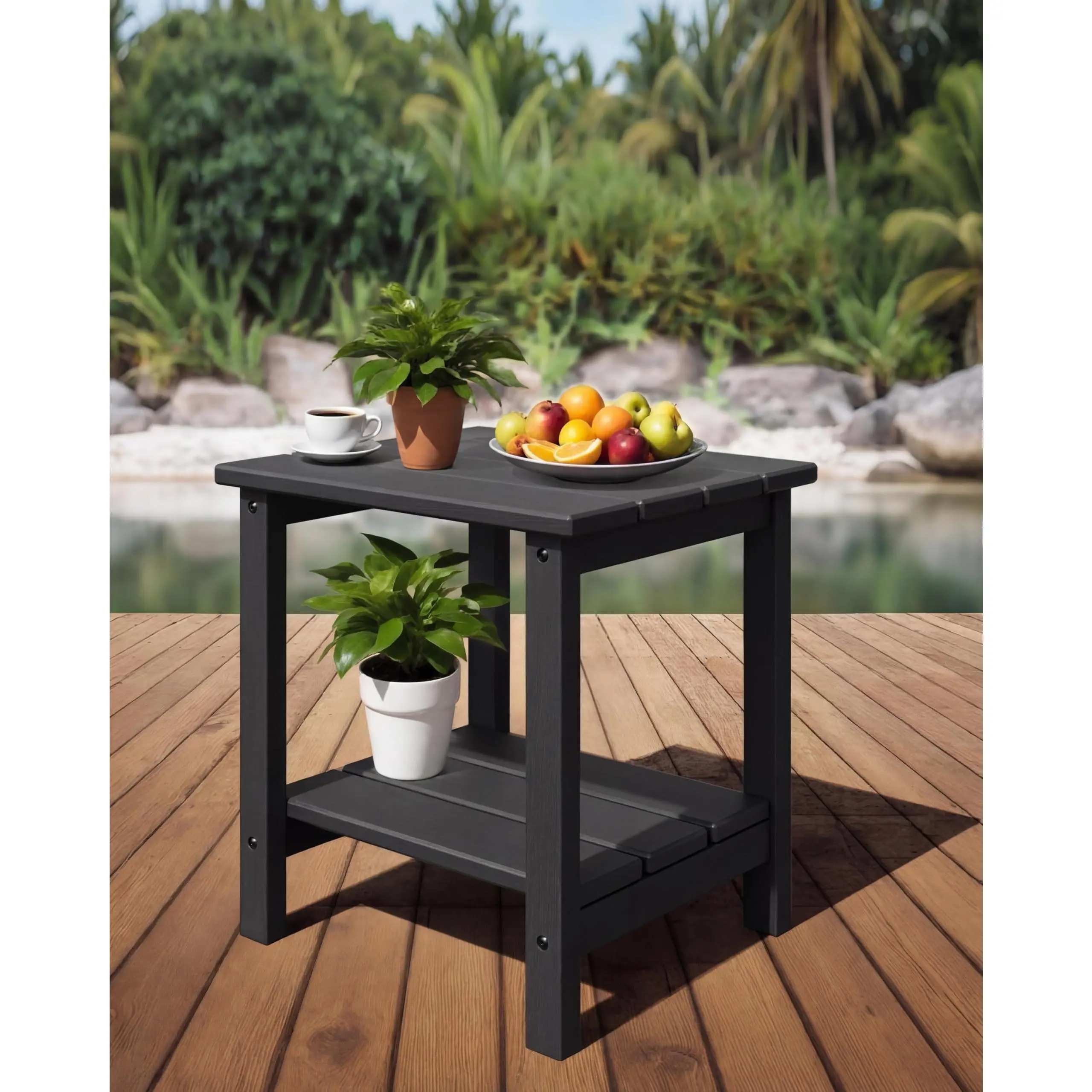 Garvee Adirondack Outdoor Side Table 18 x 15 in, HDPE 2-Tier Patio Side Tables for Outside, All-Weather End Table for Patio Pool Deck Indoor Backyard, Black