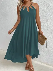 Plus Size Women's Fashion Solid Color Sleeveless Hollow Neck Maxi Dress, Loose Fit Stretch Fabric for Perfect Weekend Casual Beach Wear in Spring & Summer, Halter Neck