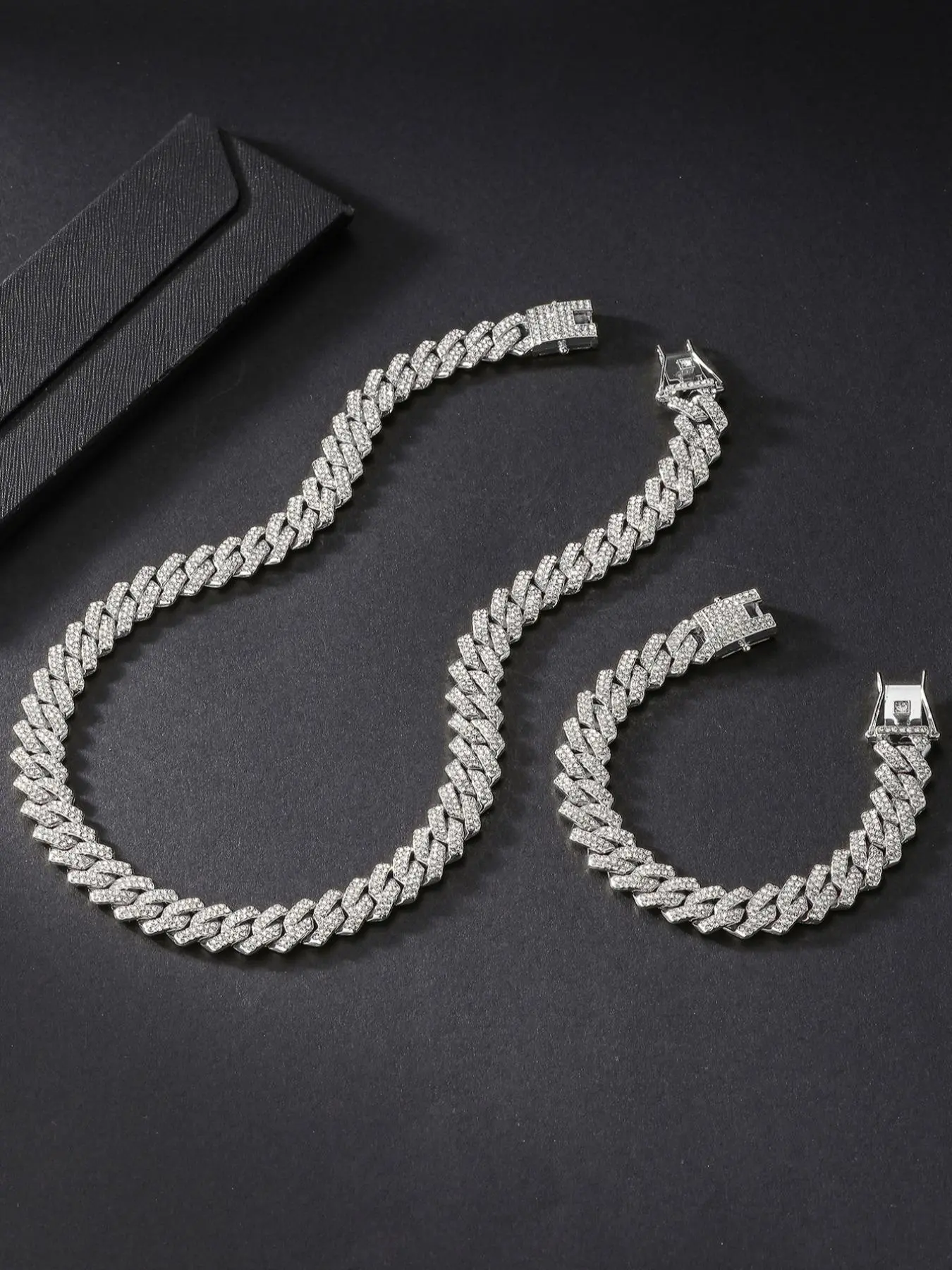 Punk Style Maximalist Jewelry Rhinestone Decorated Cuban Chain Necklace & Link Bracelet, Hip Hop Chunky Curb Chain Fashion Jewelry Set,  for Clothing Decor for Men & Women, for Gift