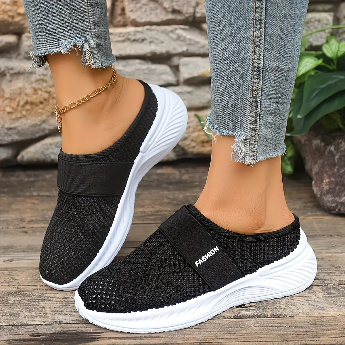 Women's Mesh Slip-On Mule Sneakers, Breathable Strap Backless Wave Sole Walking Shoes