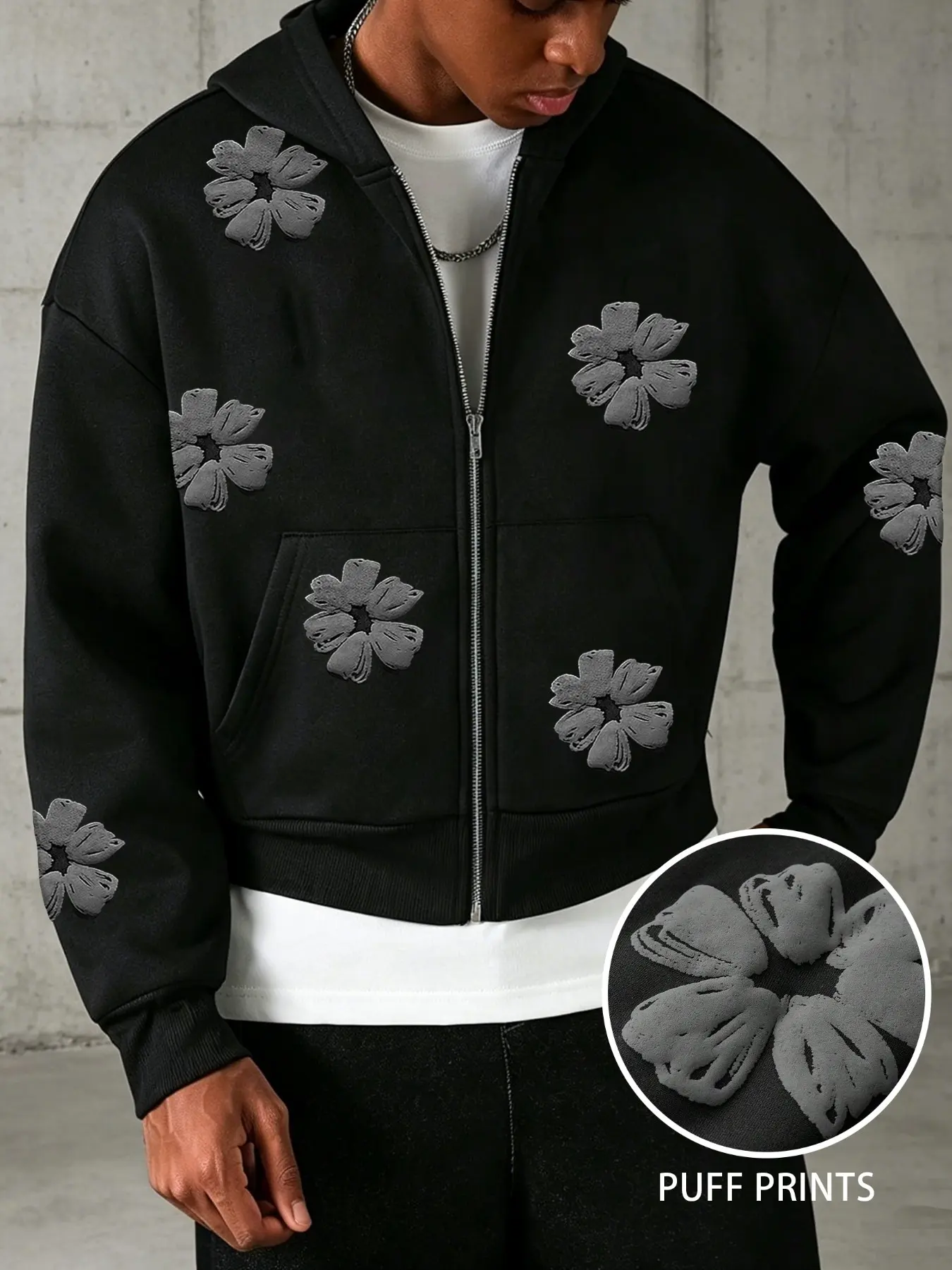 Men's Hoodie: Cropped, Zip-Front Style with Hood, Floral Hoodies, Features 3D Puffy Floral Pattern, Perfect for Back-to-School Look, Lightweight, Unlined Design Ideal for Transitional Seasons
