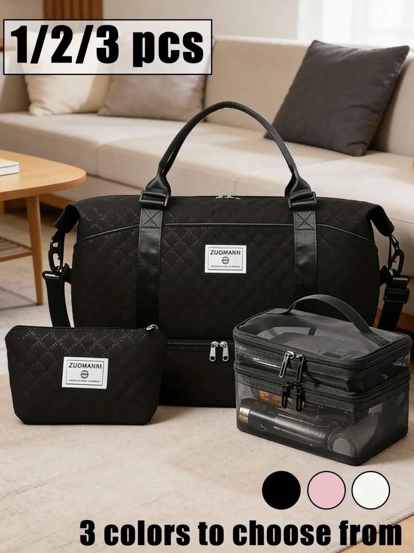 Three-piece travel bag set, Travel Bag Kit, including an easy-shoulder carry tote, a multifunction stitched handbag, a Travel duffle bag, and a travel bag with a cosmetic bag and wallet, suitable for short t