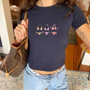 Bikini Graphic Baby Tee, Cute Summer Baby Tee, Trendy Beach Cropped Tee, Aesthetic Y2K Baby Tee, Shirt for Teen Girls, Casual Navy Top