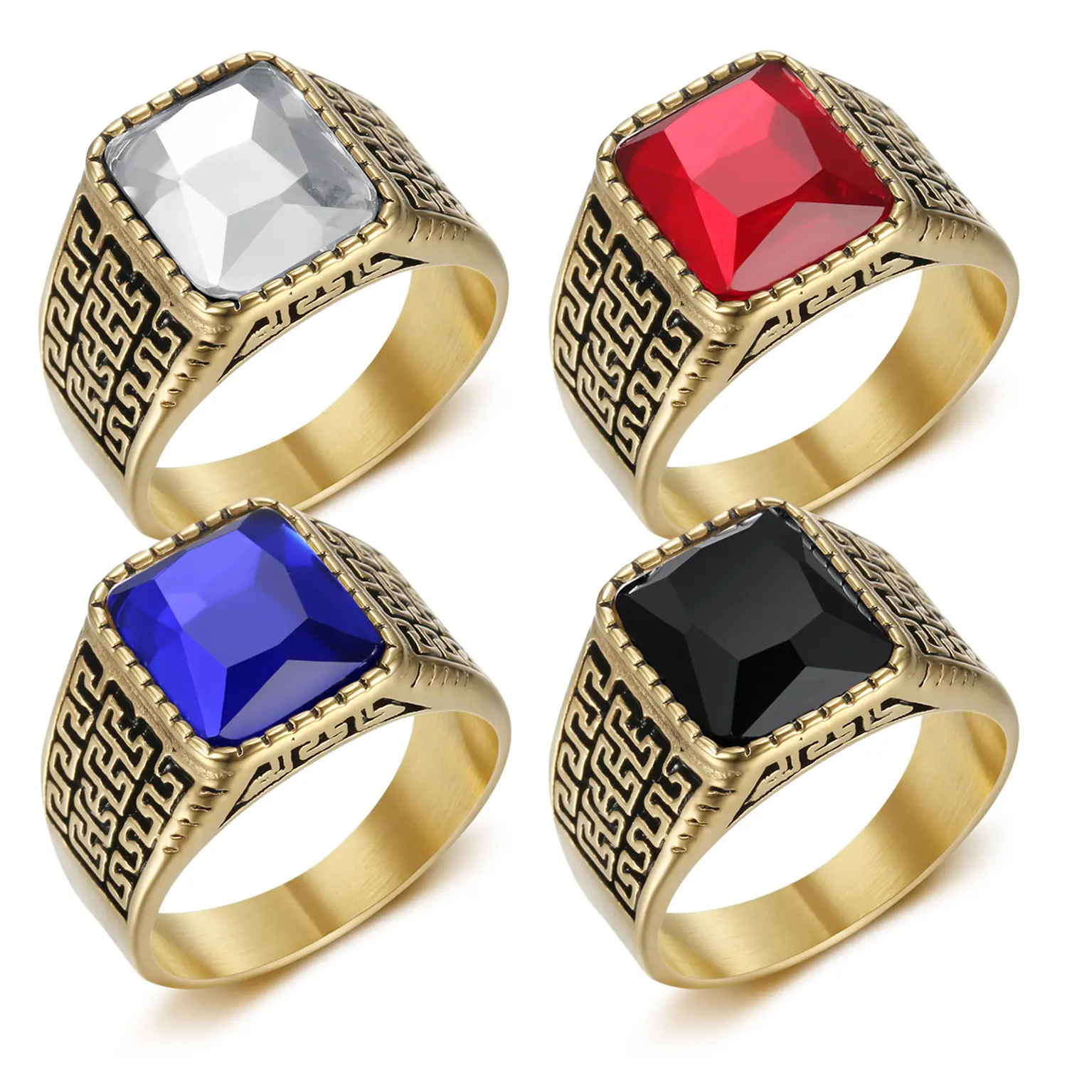 Men's Unique Retro Wave Texture Square Stainless Steel Ring, Synthetic Zircon Geometric Design, Graduation Stackable Costume Jewelry Accessory for Men's Jewelry, Unique Rings, Non Tarnish Jewelry, Artificial Gemstone Ring