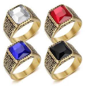 Men's Unique Retro Wave Texture Square Stainless Steel Ring, Synthetic Zircon Geometric Design, Graduation Stackable Costume Jewelry Accessory for Men's Jewelry, Unique Rings, Non Tarnish Jewelry, Artificial Gemstone Ring,summerwins