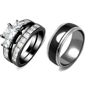 Lanyjewelry Elegant Couple Engagement Wedding Promise Ring Set - 2 Ion-Plated Black Stainless Steel Pieces, Women's 3-Stone Princess Cubic Zirconia Artificial Gemstone Ring, Men's Matching CZ-Accented Band, Stackable Accessory, Double Finger Ring