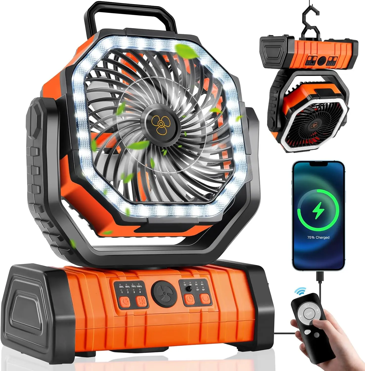 30000mAh Battery Operated Camping Fan, Portable Rechargeable Fan with Hanging Hook & LED Light, Long Lasting Personal Fan for Hurricane Season, Power Outage, Emergency Survival Gear, Glamping Essentials, RV, Fishing, Mother's Day Gift
