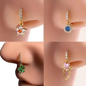 Hoop Nose Ring| Gold Nose Hoop | Piercing Required | Nose Jewelry | Nose Ring w/ dangle | Gold Nose Jewelry Female Female gold rhinestones nose hoop