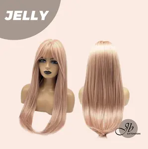JBEXTENSION 24 Inches Long Straight Pink Wig with Bangs JELLY