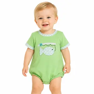 Baby Boy Gingham Short-Sleeve Bodysuit, Fishing Embroidery Bubble Romper for Hunting