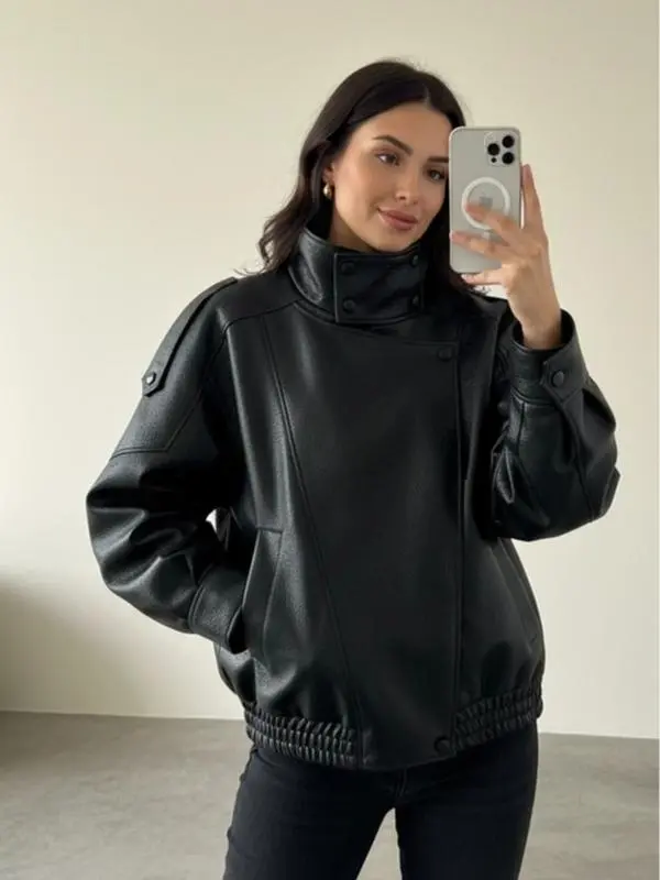 Women's Faux Leather Jacket, Basic 2000s Oversized Lady Moto Style with Stand-Up Collar, Windproof Button-Down Streetwear, Coats, Long Sleeve, Jackets, Loose, Tops, Baggy, Thanksgiving, Easter, Valentines Day, Ready To Wear, Sporty Chic, Water Resistant,,