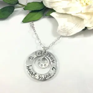 Heart Shine Pet Lover Necklace with paw-cutout charm, hand-stamped, cat, dog