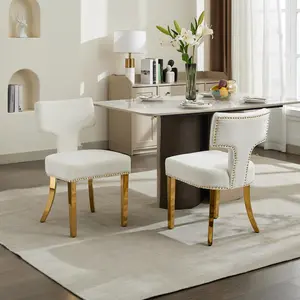 Mid Century Modern Dining Chairs Set of 2, Farmhouse Chenille Fabric Upholstered Accent Chair Curved Backrest with Copper Nails around, Kitchen Chairs with Golden Stainless Steel Plating Legs