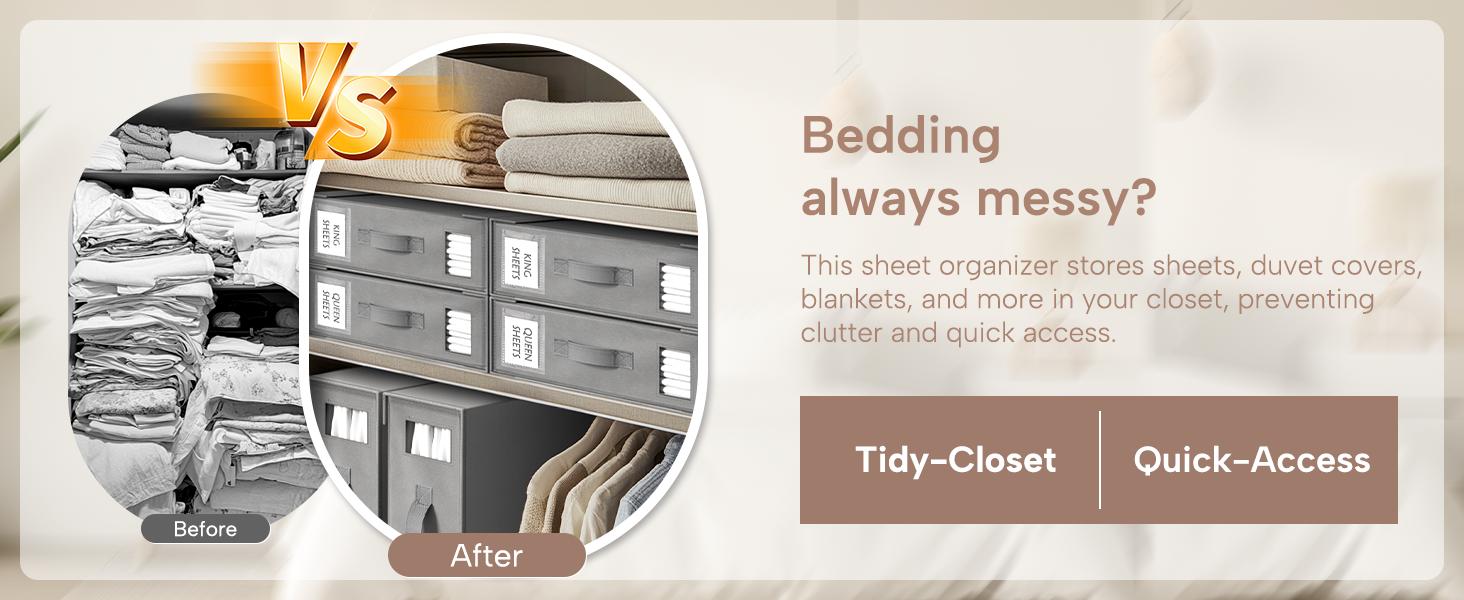 Criusia Foldable Bed Sheet Storage Boxes, Set of 4 | Stackable Bed Sheet Organizer and Storage - Fabric Linen Storage Bins for Bedding Sets, Pillowcases - Foldable Closet Organizer with Label Slot Window
