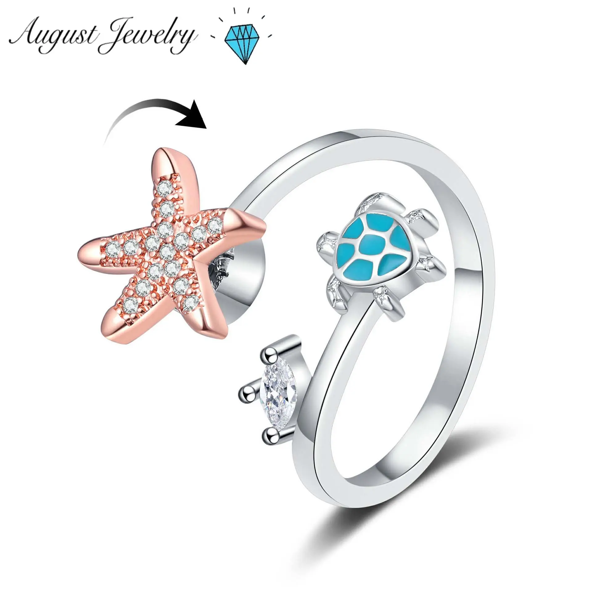 Unisex 360-Degree Rotating Artificial Gemstone Ring - Anxiety-Relieving Statement Jewelry with Cubic Zirconia Inlay, Natural Starfish & Tortoise Elements, Adjustable Opening, Turtle Shaped Ring Accessory, Turtle Shaped Rings