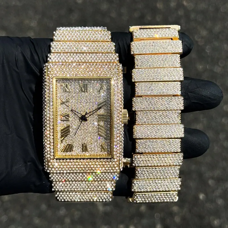 MaxBling81 Men's Luxury Gold-Finished Full Iced Square Quartz Analog Watch - All-Metal Diamond-Embellished Hip Hop Chandelier Wristwatch, Casual Gift Set with Iced Bracelet, All-Metal Quartz Watches, Diamond-Embellished Quartz Watches