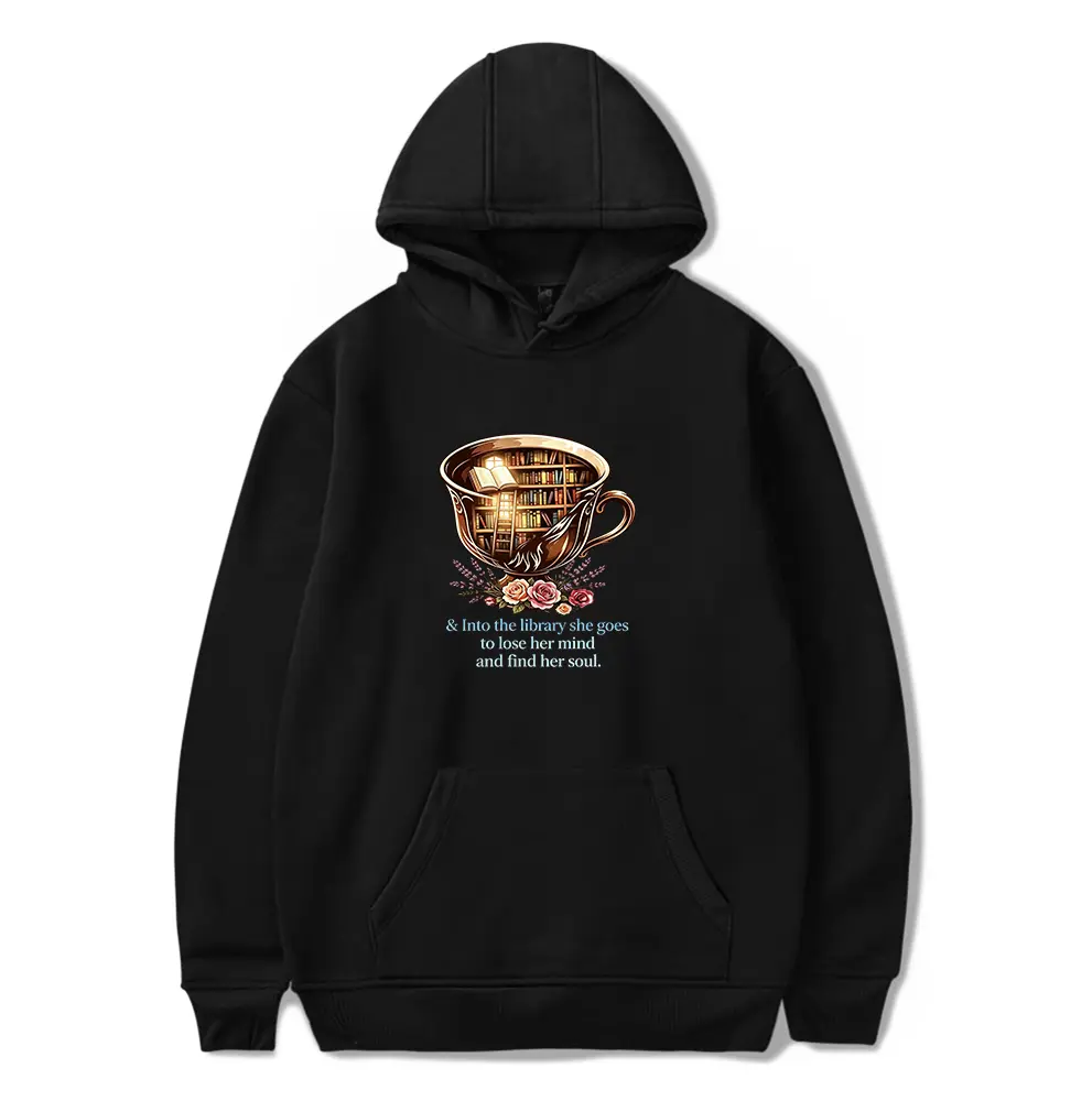 Women's Breathable Fit White Hoodie with "Into the Library" Quote, Book Design Womenswear